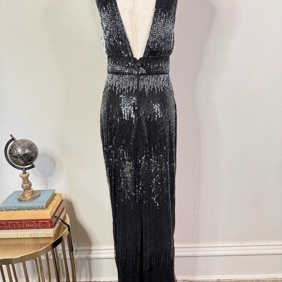 Burnett New York Sequin Beaded Deep V Gown Black Indigo Runway Dress Size 2 NWT - Picture 12 of 14